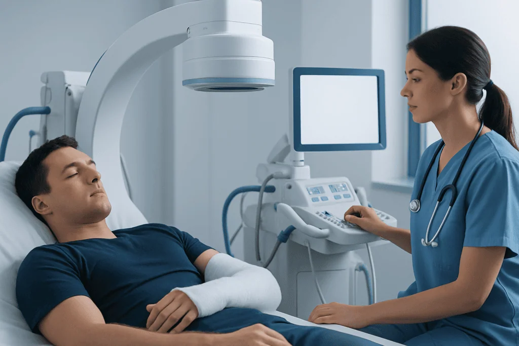 Patient receiving medical examination in hospital setting.