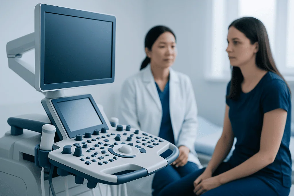 Medical consultation with ultrasound device at Acibadem Hospitals Group.