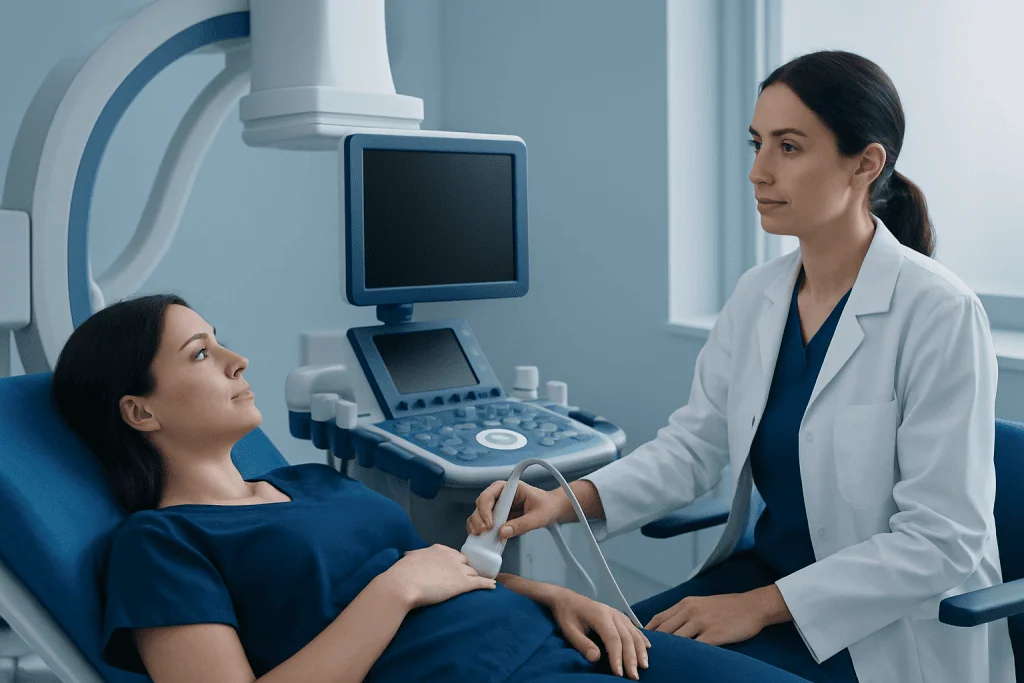 Medical professional performing ultrasound on patient in hospital.