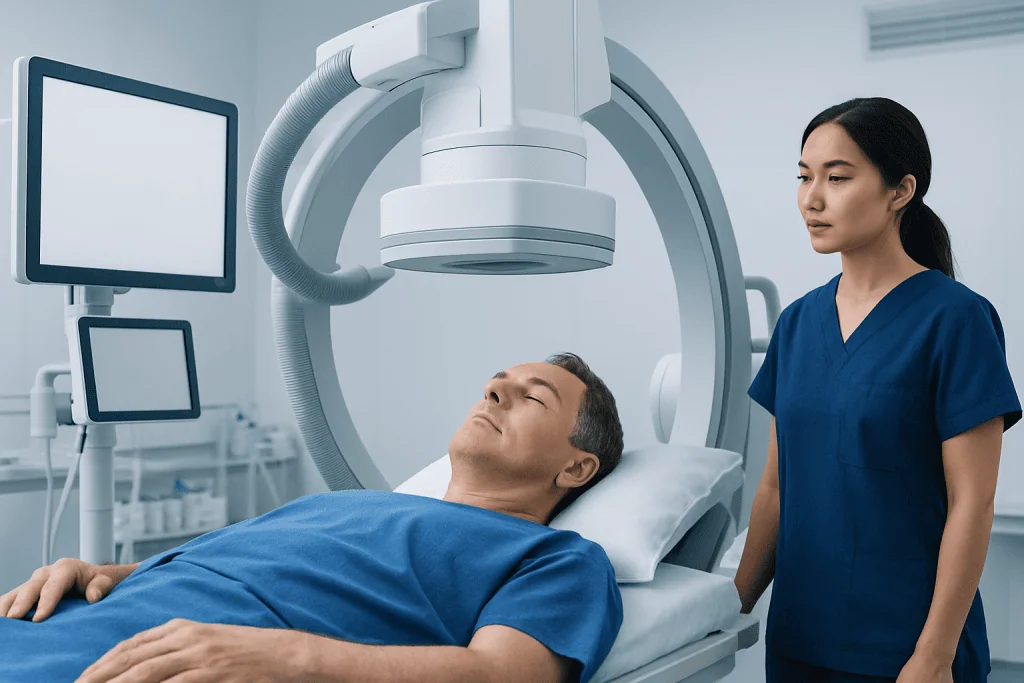 Patient undergoing a medical imaging procedure at Acibadem Hospital.