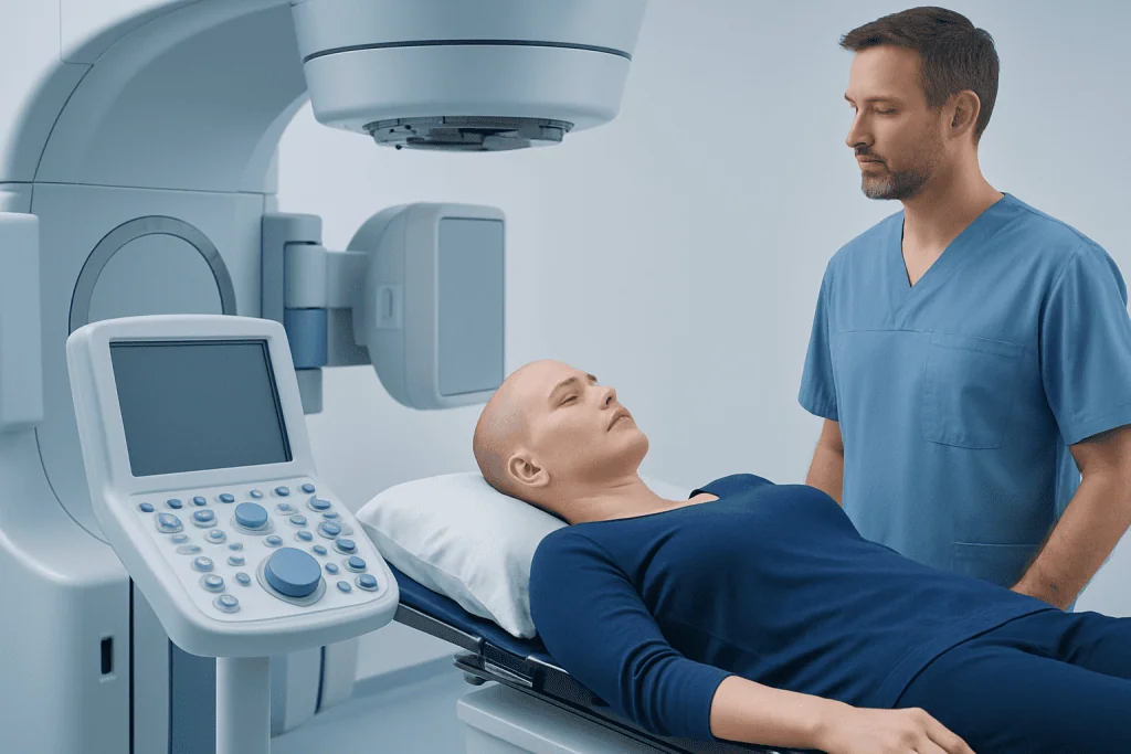 Medical professional prepares patient for imaging scan in hospital.