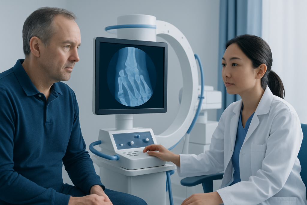 Doctor explaining hand X-ray to patient in a medical clinic.