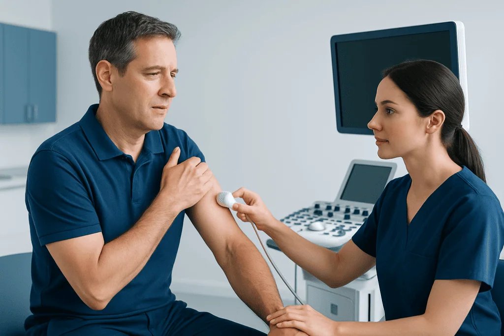 Doctor performs shoulder examination on patient in medical clinic.