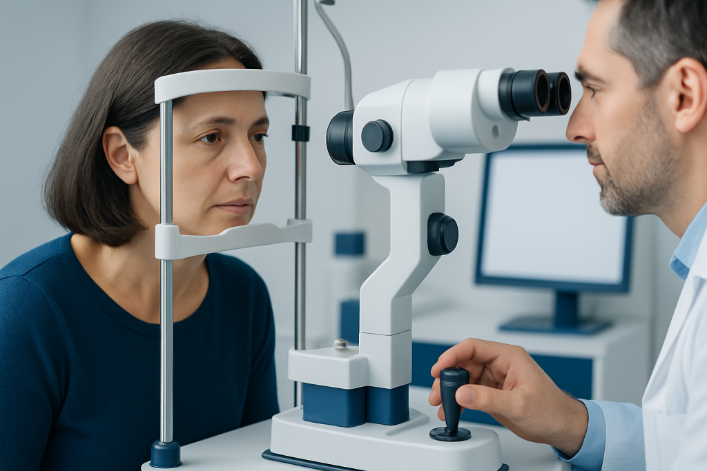 Optometrist examines patient's eye using slit lamp in clinic.