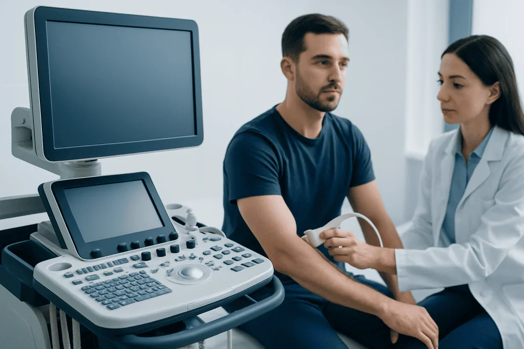 Doctor performing ultrasound examination on male patient in clinic.
