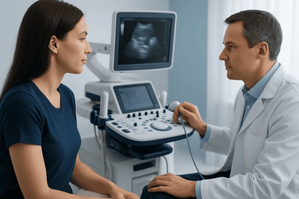 Doctor performing ultrasound examination on female patient in clinic.