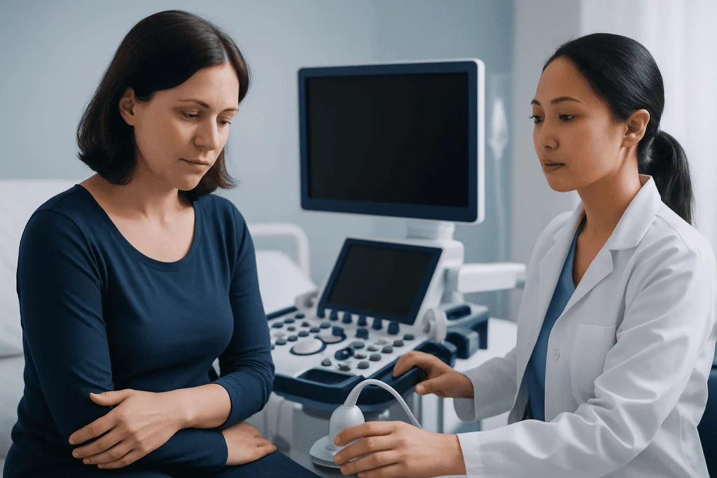 Doctor performing ultrasound exam on patient in medical clinic.