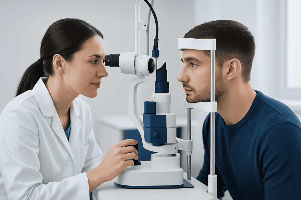 Optometrist examines patient's eye with slit lamp in clinic.