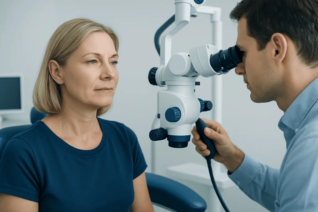 Otolaryngologist examining a patient with a microscope in a clinic setting.