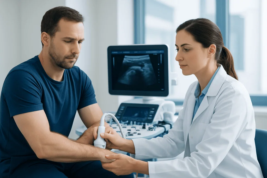 Doctor performs ultrasound examination on patient at Acibadem Hospital.