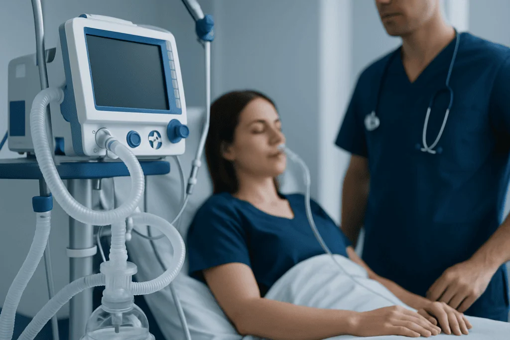 Patient in hospital bed connected to medical ventilator and monitored by healthcare professional.