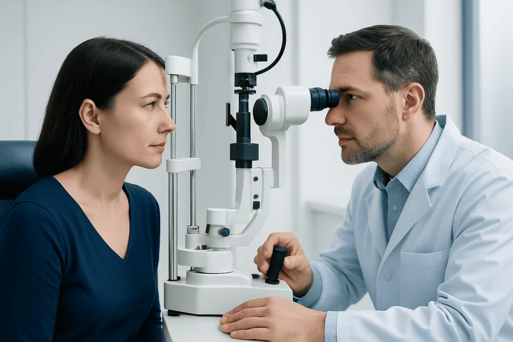 Ophthalmologist examining a patient with a slit lamp in a clinical setting.