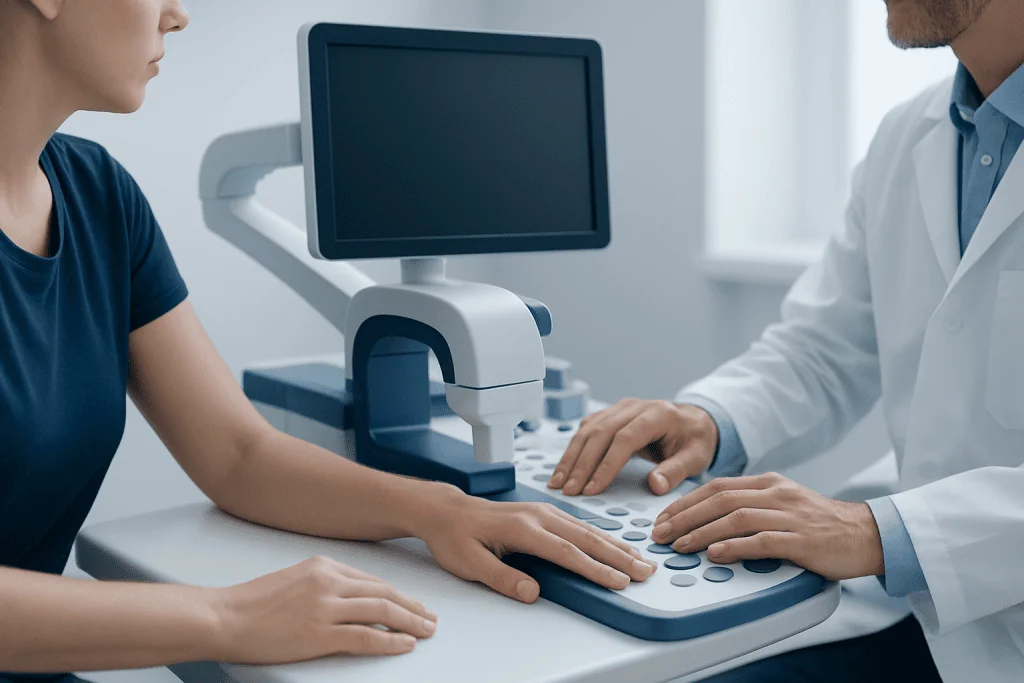 Medical professional performing ultrasound wrist examination on patient.