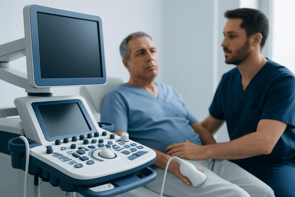 Urologist consulting with patient using ultrasound equipment in hospital.