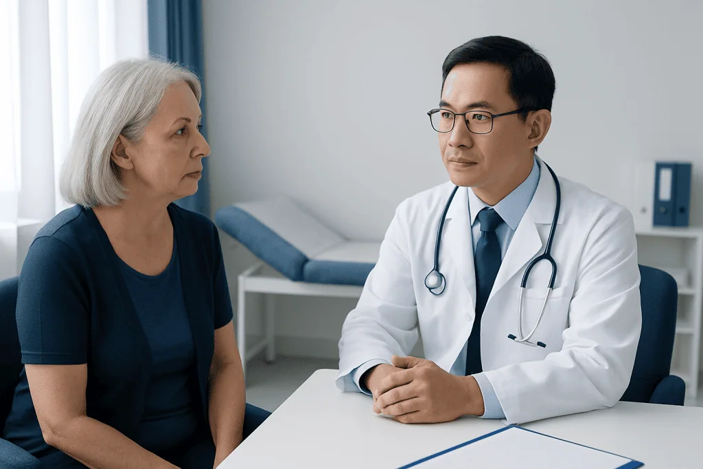 Doctor consulting with an elderly female patient in a medical office.