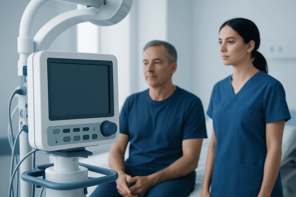 Medical professionals with monitoring equipment in a hospital setting.
