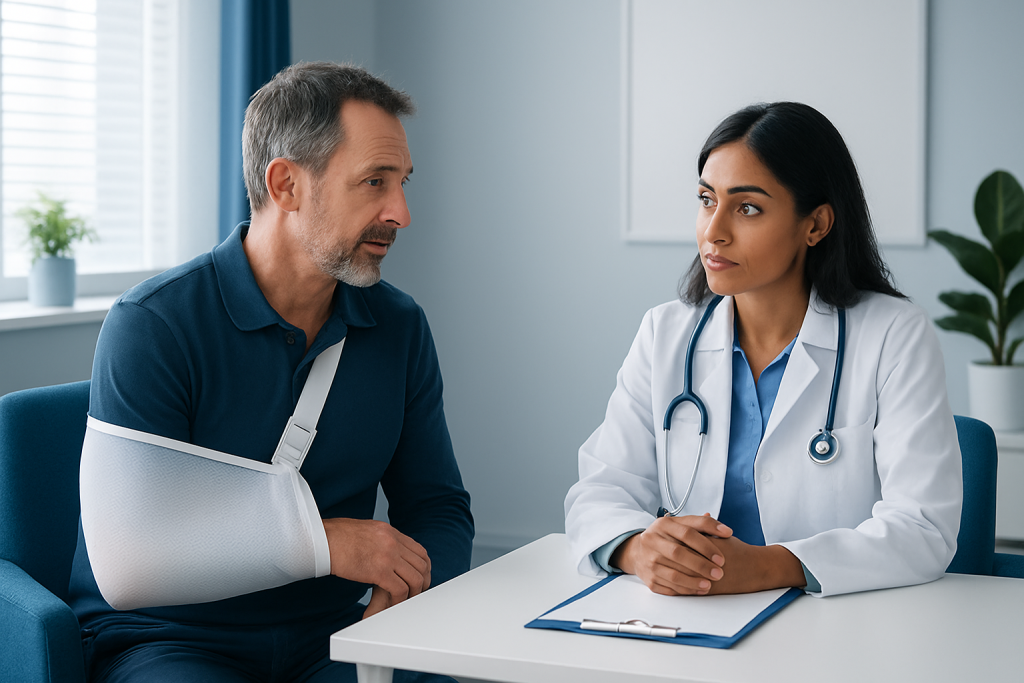 Doctor consulting with patient with arm sling in a medical office.