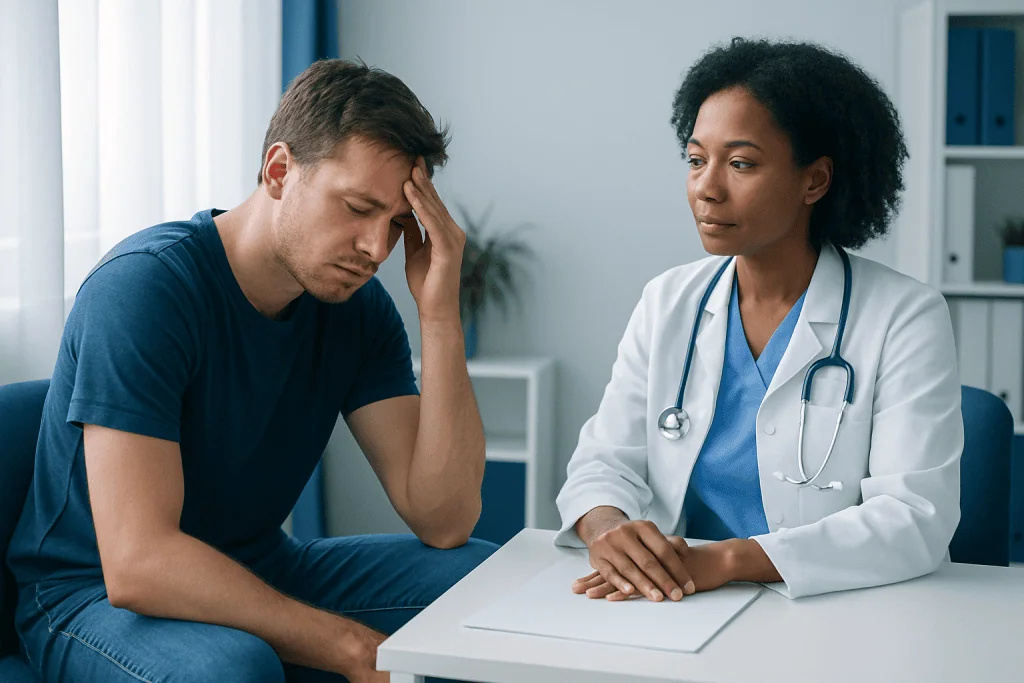Patient experiencing headache during medical consultation at hospital.
