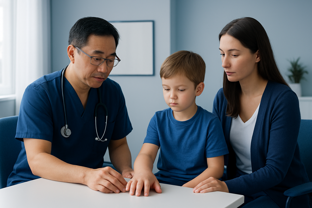Pediatric consultation at Acibadem Hospitals Group with doctor, mother, and child.