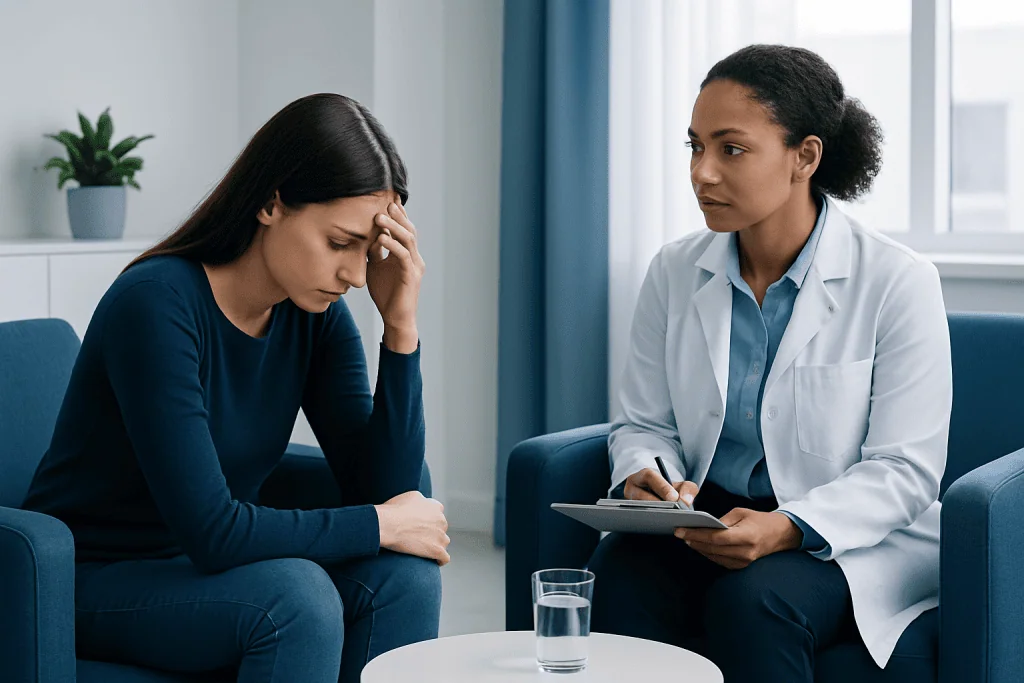 Woman experiencing anxiety during therapy session at Acibadem Hospital.