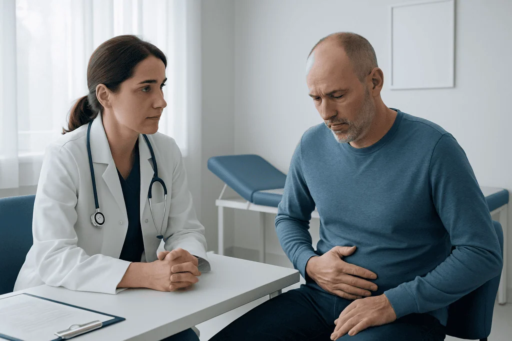 Doctor consulting with a male patient in a medical office.