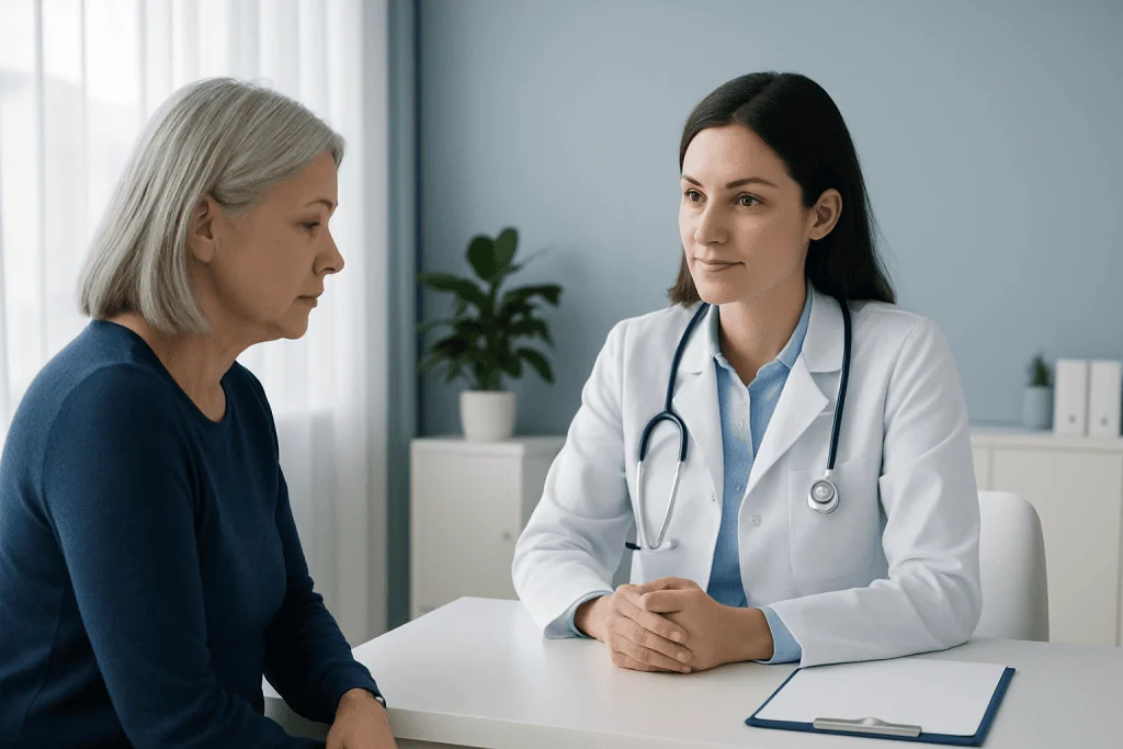 Doctor consulting with an elderly patient in a medical office setting.