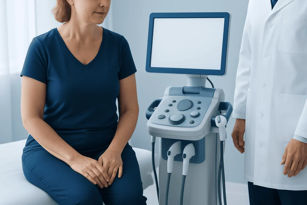Woman undergoing pelvic exam with ultrasound device in clinic.