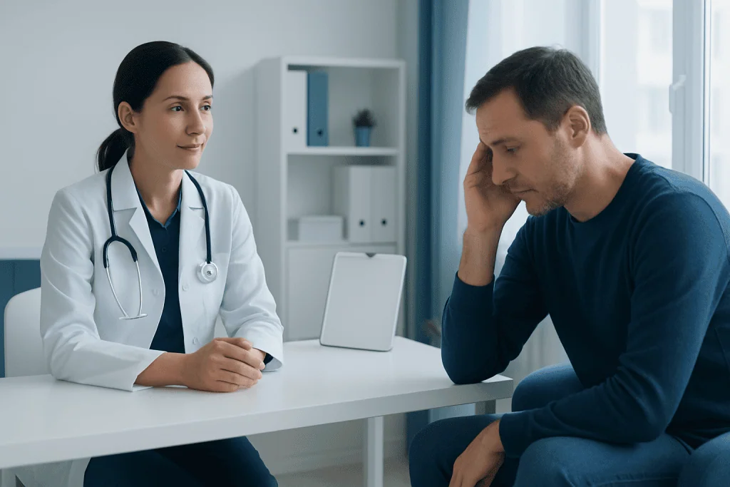 Doctor consulting with a patient in a medical office setting.