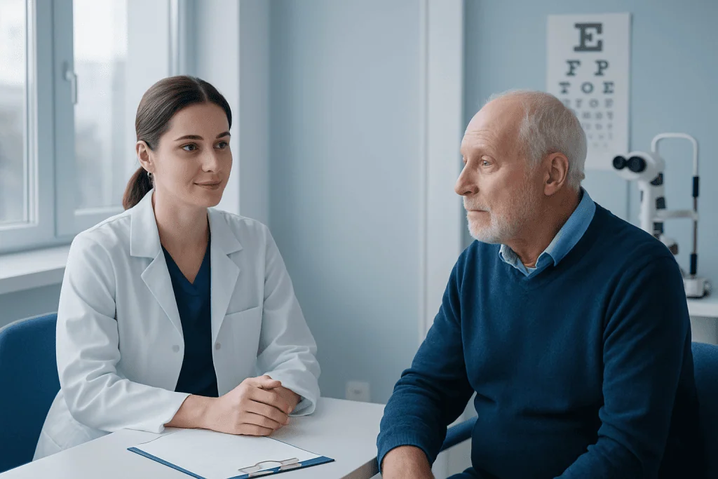 Doctor consulting with an elderly patient in a medical office.