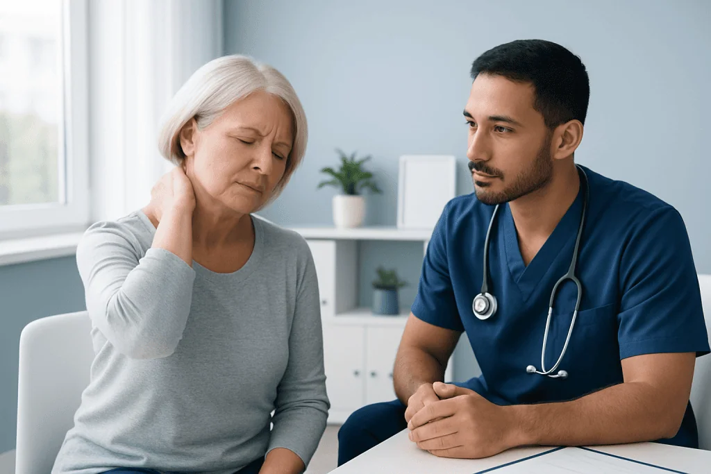 Doctor consulting with elderly woman about neck pain in a medical office.