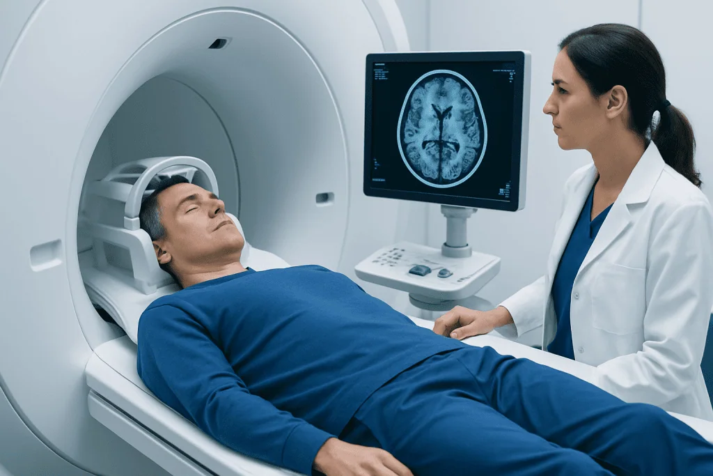 Patient undergoing brain MRI scan at Acibadem Hospital.