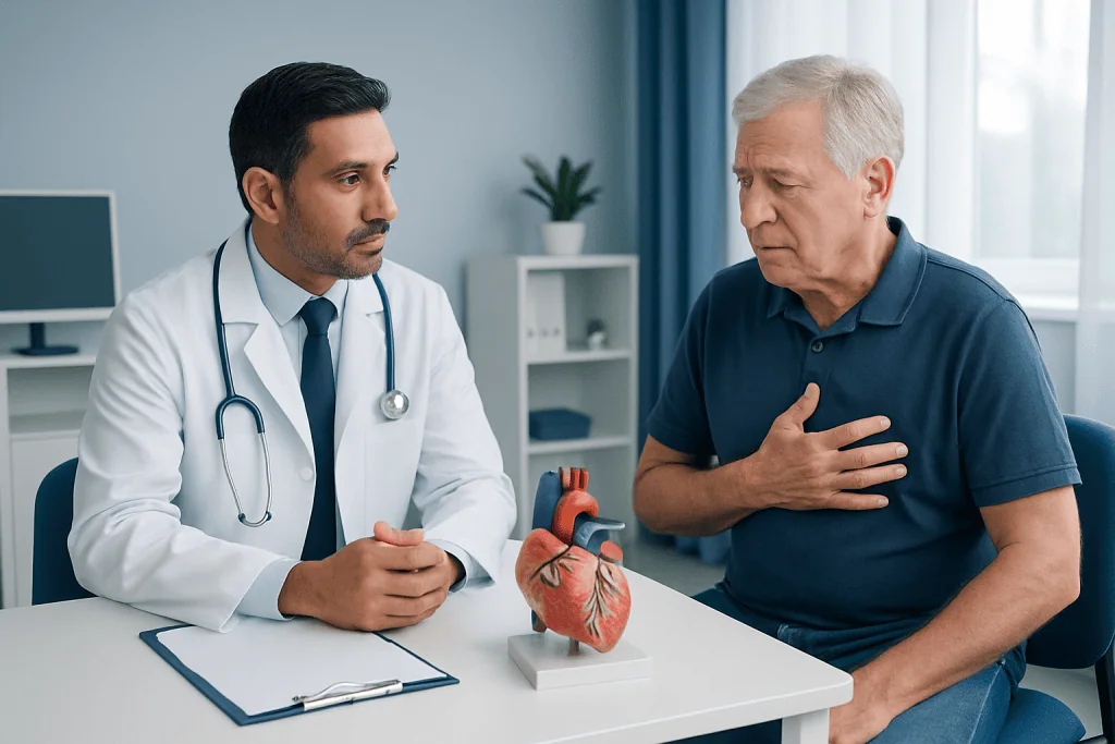 Doctor consulting with patient about heart health and cardiac enlargement.