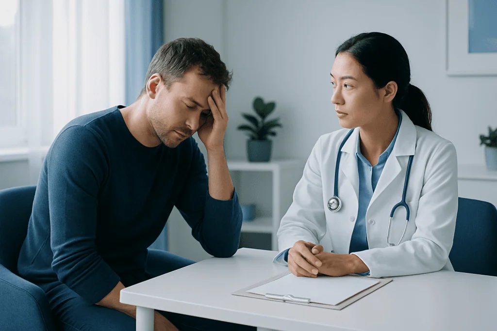 Patient experiencing headache consults with doctor in a medical office.