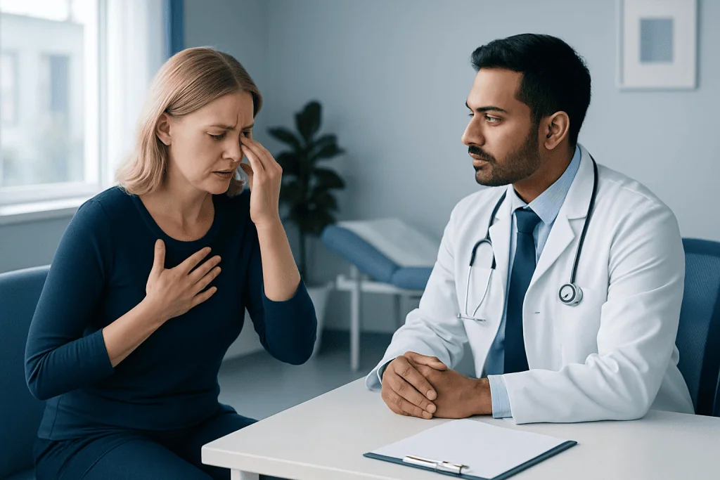 Doctor consulting with a patient experiencing headache or discomfort.