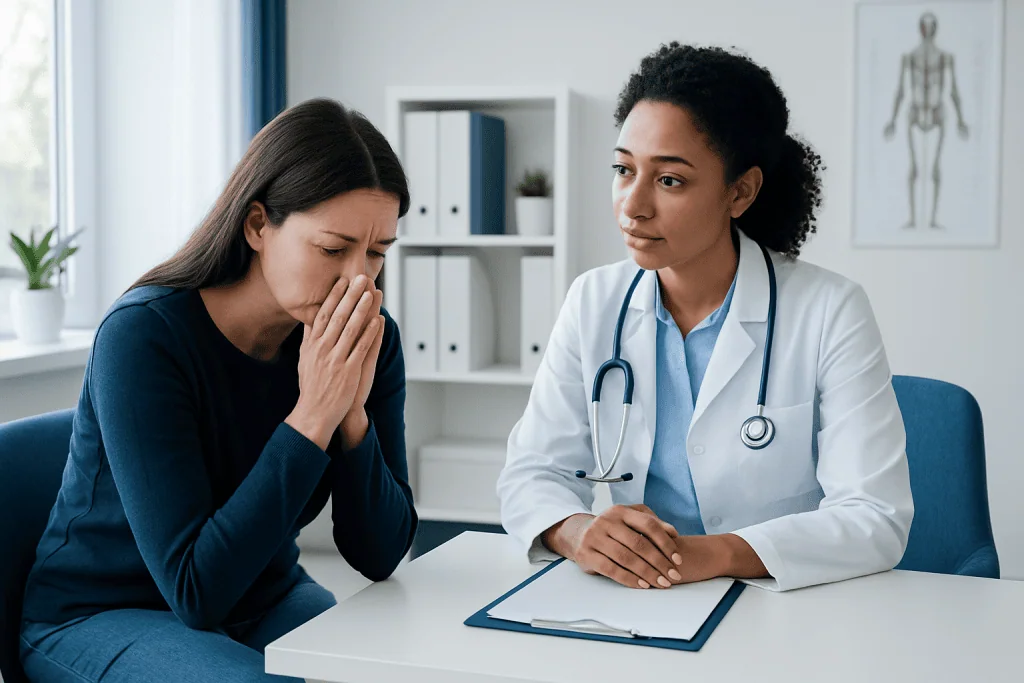 Patient consulting with doctor in a medical office setting.