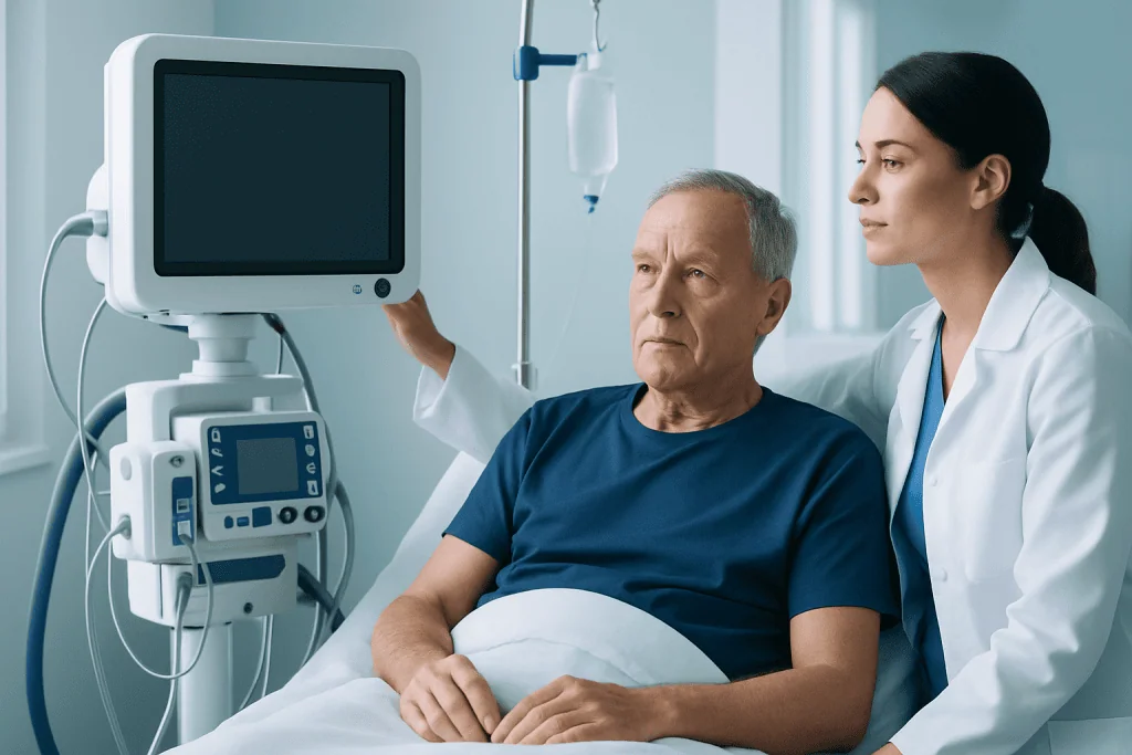 Doctor monitoring patient with medical equipment in hospital room.