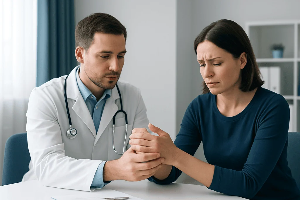 Doctor examining patient's wrist for pain or injury.