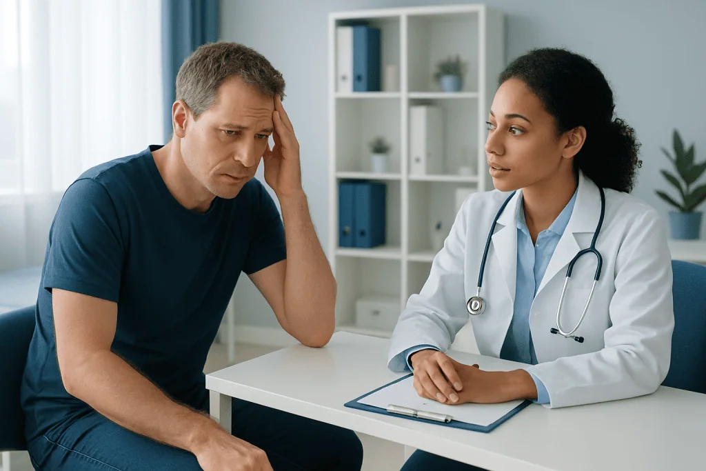 Patient consulting with doctor about health concerns in a medical office.