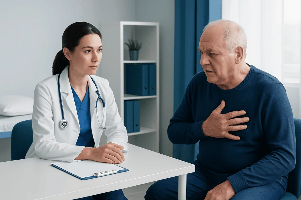 Doctor consulting with an elderly patient about heart health in a clinic.