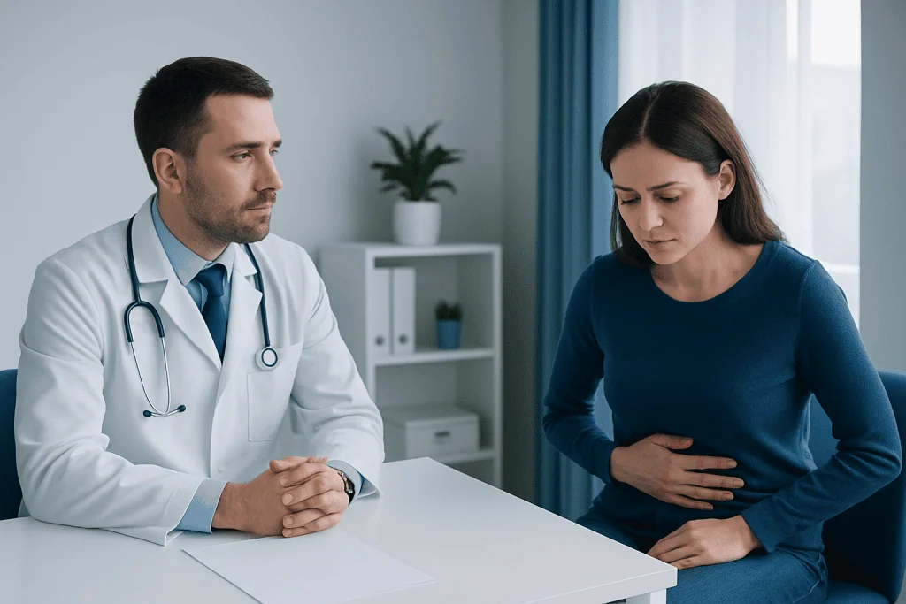 Doctor consulting with a patient about abdominal pain in a medical office.