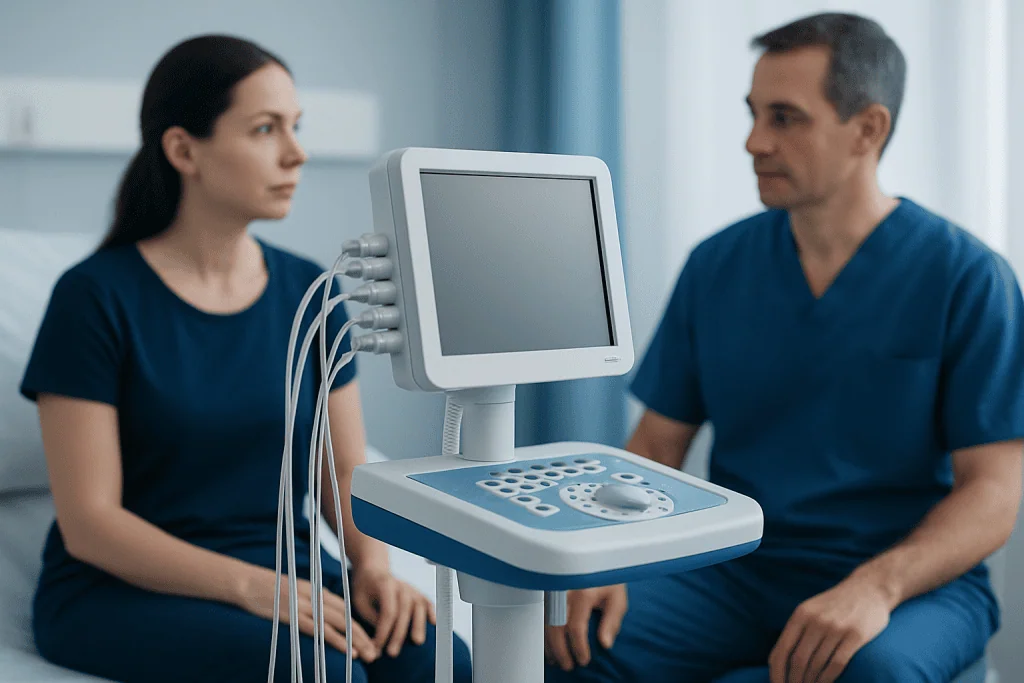 Medical professionals using ultrasound machine in a clinical setting.