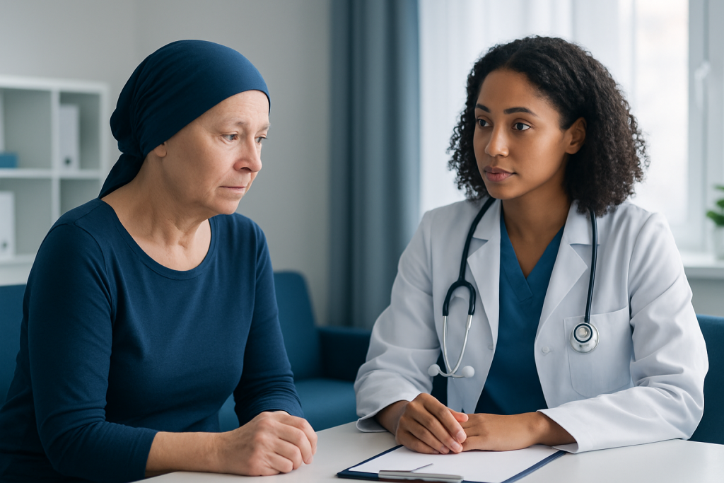 Doctor consulting with an elderly woman in a medical office.