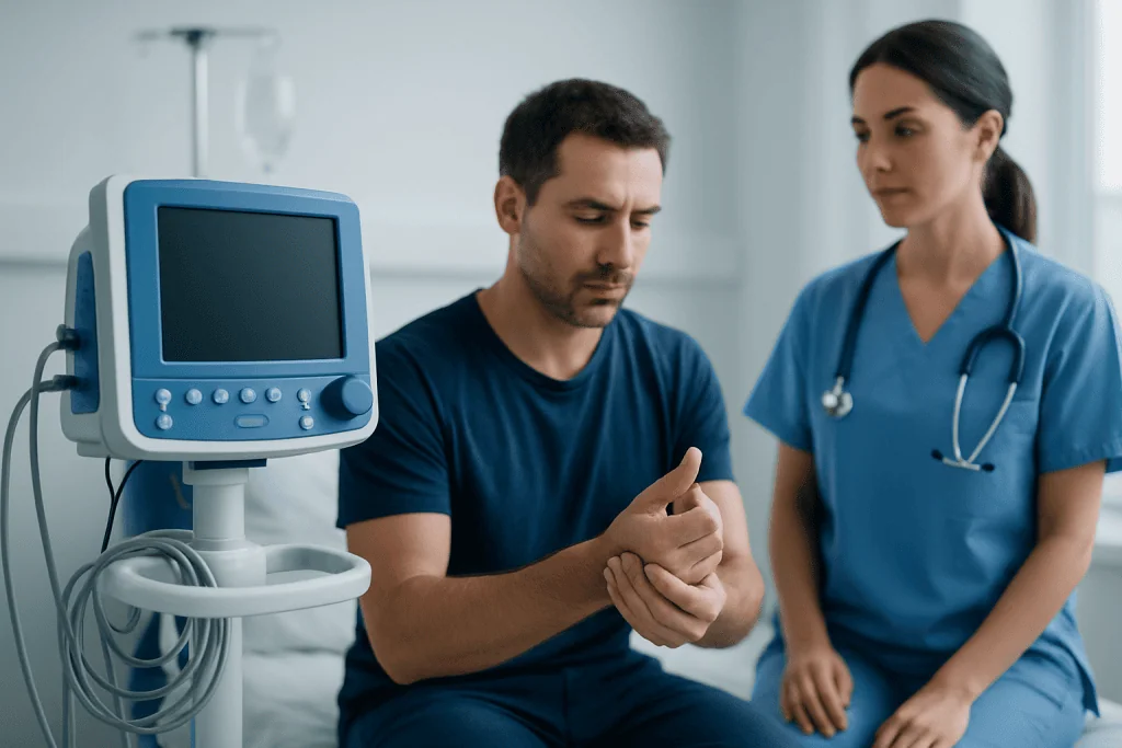 Doctor examining patient's wrist in a hospital setting.