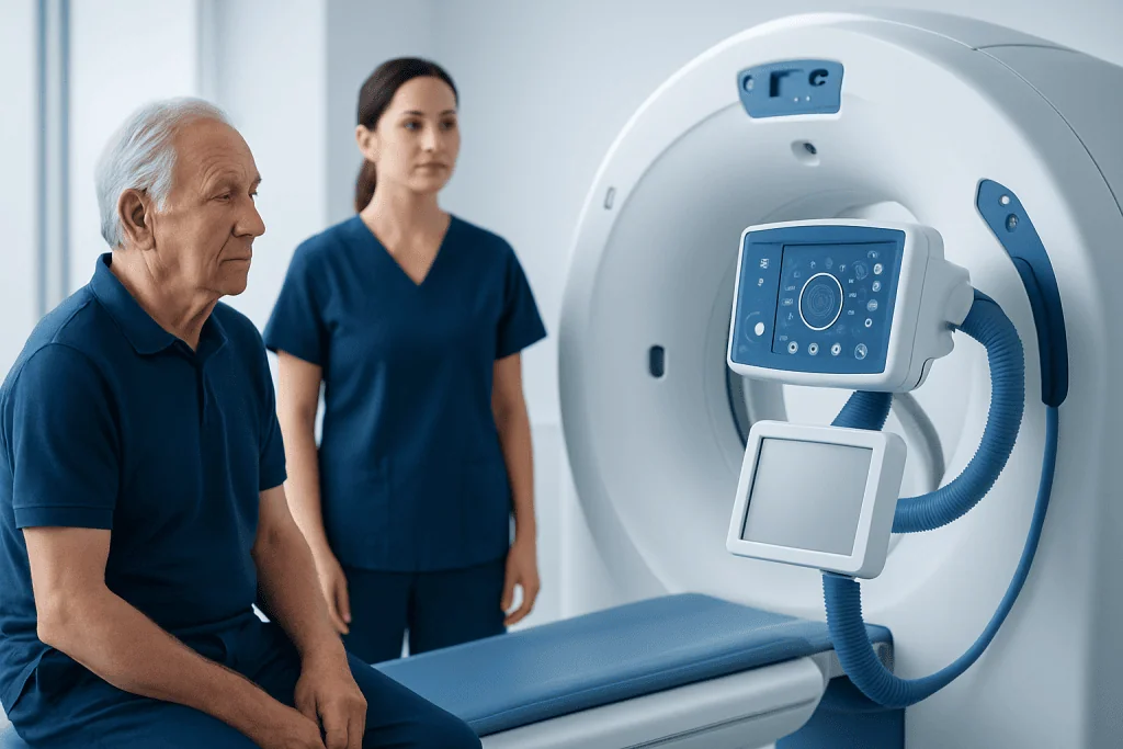 Patient undergoing MRI scan at Acibadem Hospital with medical staff present.