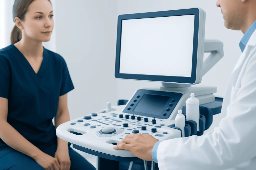 Medical consultation with ultrasound equipment at Acibadem Hospitals Group.