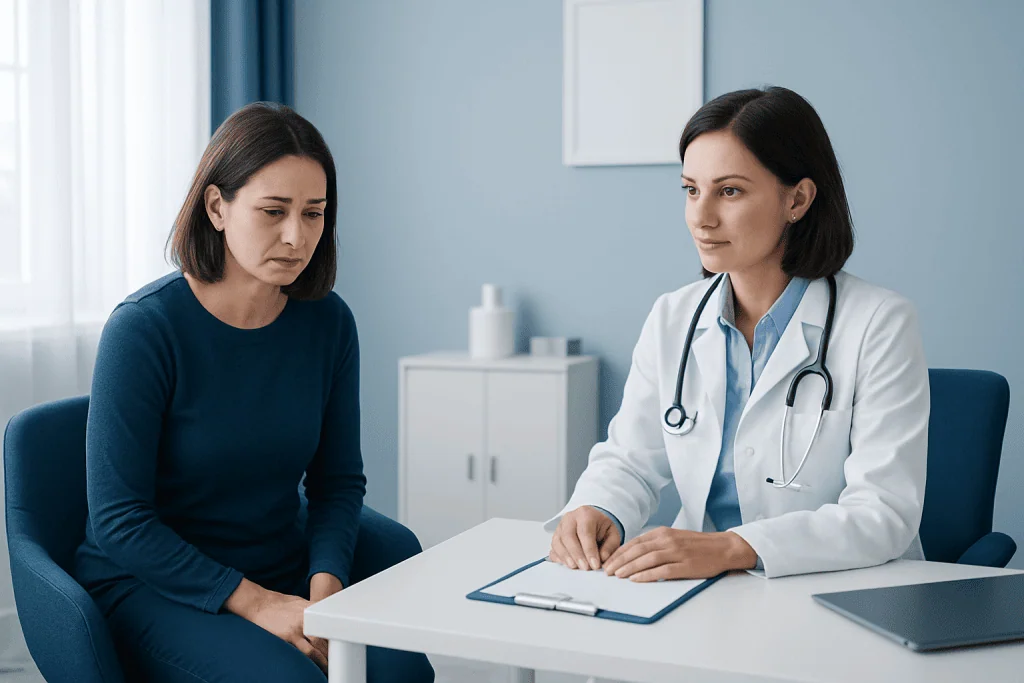 Doctor consulting with a patient about urinary tract infection symptoms.