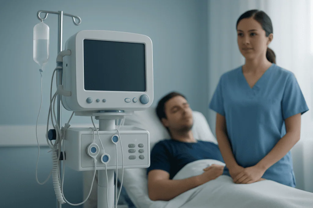 Hospital room with patient and nurse near medical monitoring equipment.