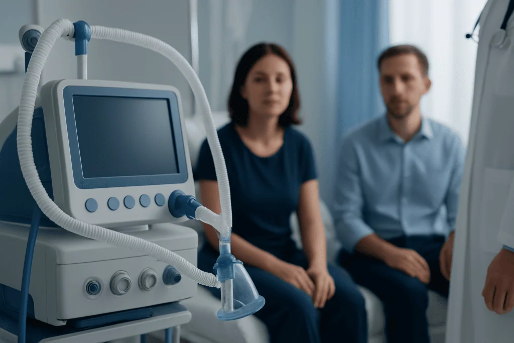 Medical ventilator machine in a hospital room with two patients.