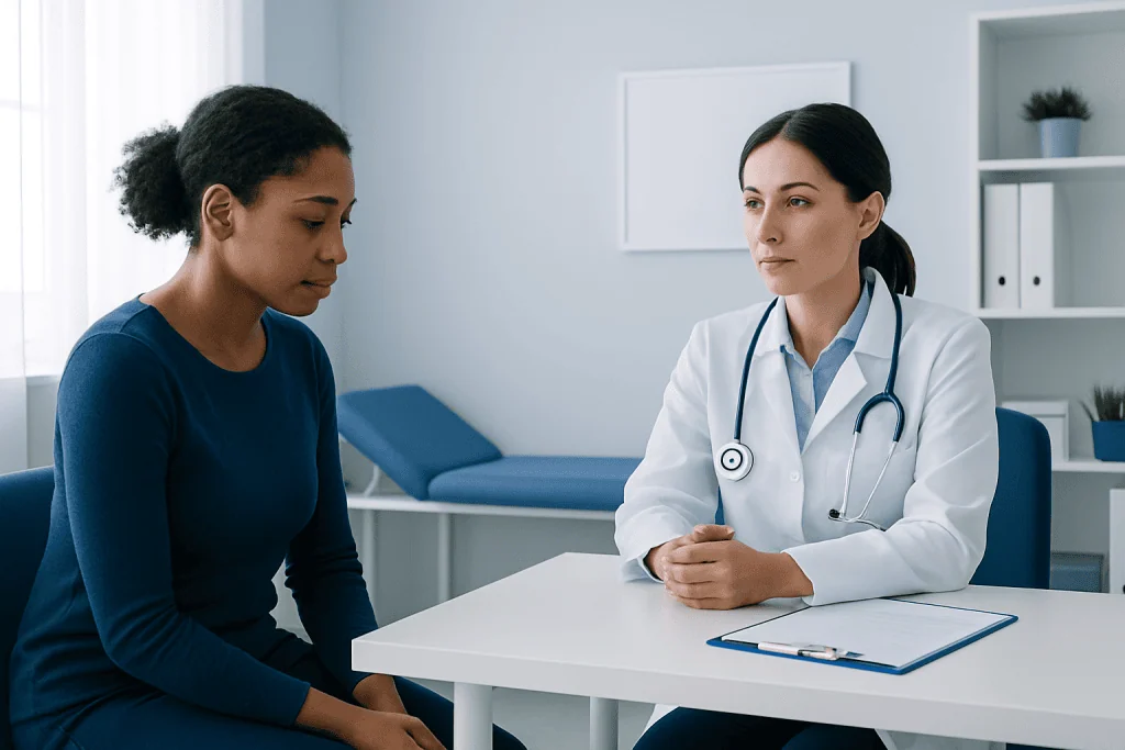 Doctor consulting with a patient in a medical office setting.