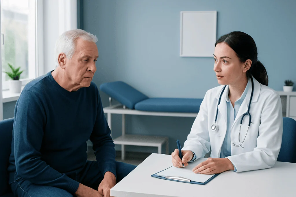 Doctor consulting with an elderly male patient in a medical office.